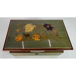 Vtg Wood Inlaid Floral Swiss Reuge Musical Jewelry Box 18 Note "The Entertainer"